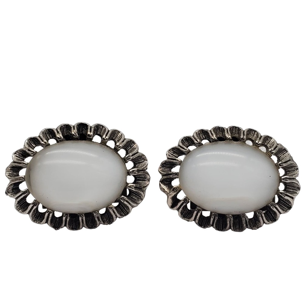 Large White Glass Cufflinks Silver Tone Faux Oval Quartz Stone Filigree Vintage